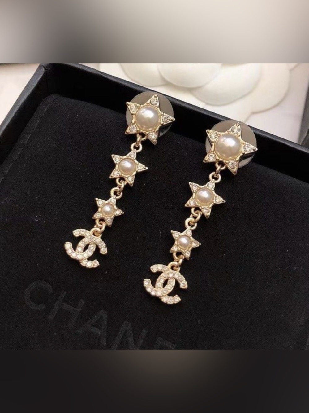 New Gold-Tone CC Pearl & Crystal Star Drop Earrings
